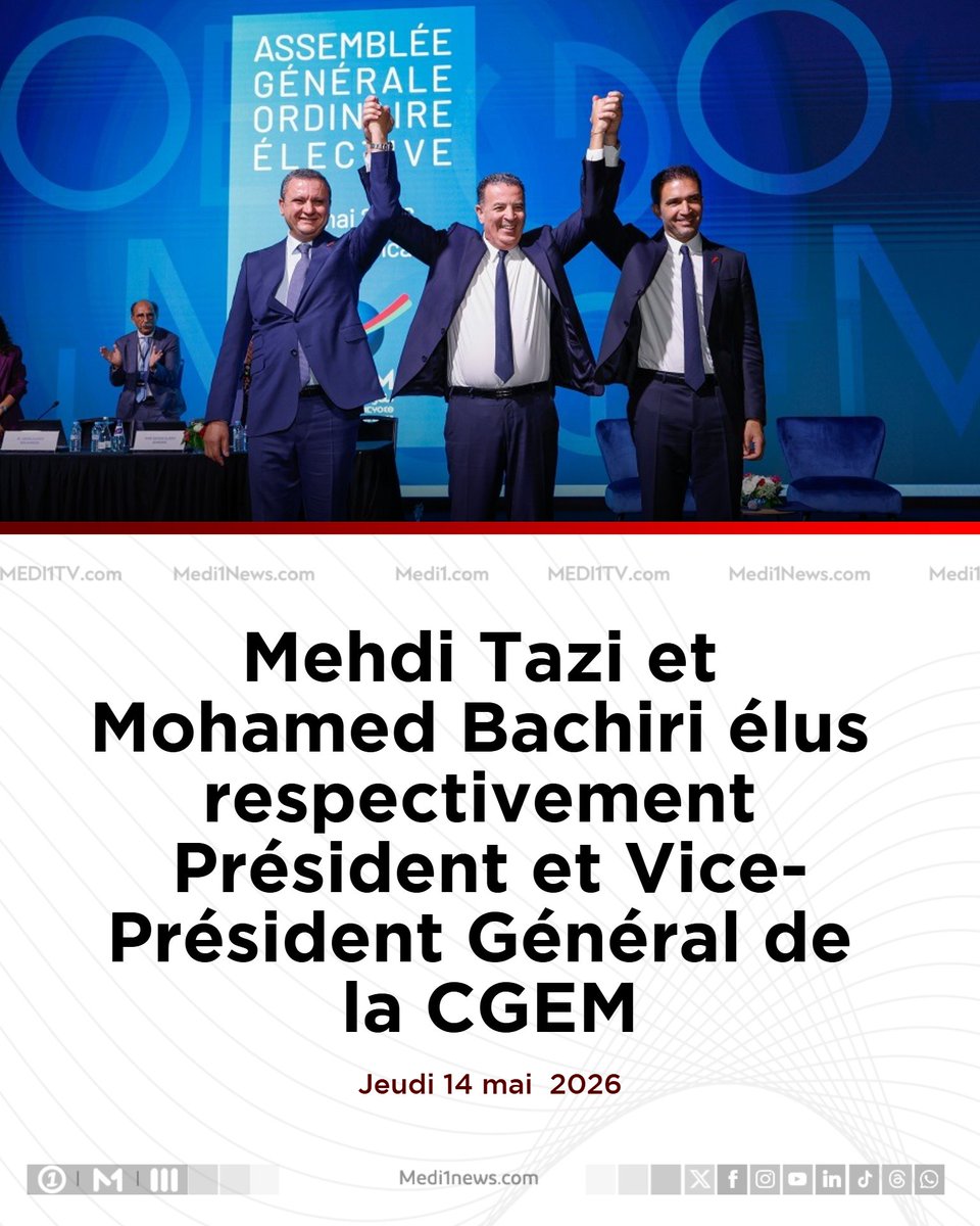 Medi1tvAfrique's tweet photo. Mehdi Tazi et Mohamed Bachiri ont été élus, jeudi 14 mai à #Casablanca, respectivement Président et Vice-Président Général de la Confédération générale des entreprises du Maroc, à l'issue d'une Assemblée générale ordinaire élective
#Maroc #CGEM
https://t.co/NIvDEYFm01 https://t.co/TRa8wSrOTt