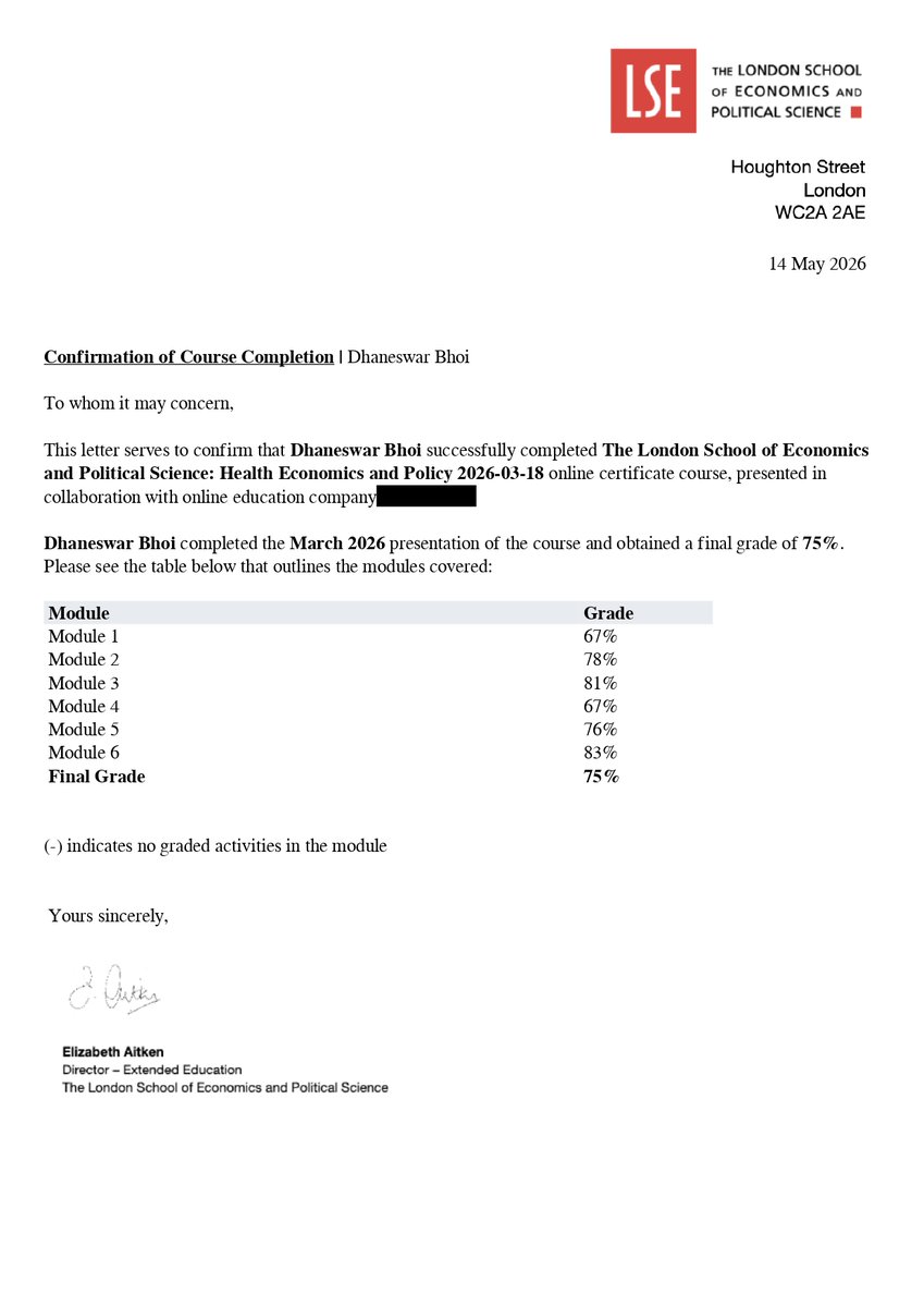 dhaneswar's tweet photo. Delighted to share that I have been awarded a Distinction in Health Economics and Policy (certificate course) from London School of Economics and Political Science, with an overall score of 75% across six specialist modules. Grateful for the support throughout this journey. https://t.co/1MYsTJxC2x