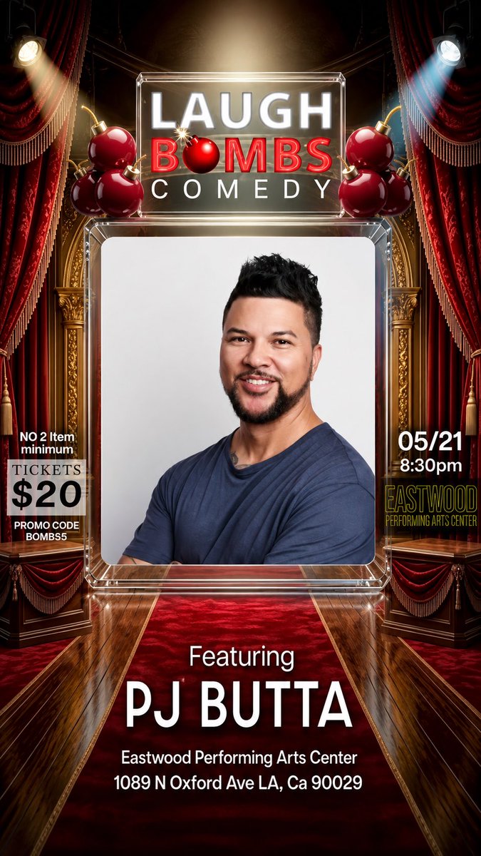 PJButta's tweet photo. JUST ADDED! Got a comedy show on THU MAY 21 @ 8:30pm in LA at Eastwood Performing Arts Center - 1089 Oxford Ave, LA 90029

🎟️ USE CODE: BOMBS3 👉🏼 https://t.co/OGfHLhVAdp https://t.co/d87mBtXZvv