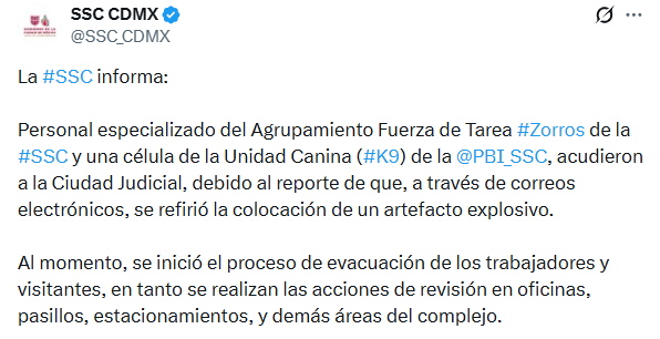 MXReferencia's tweet photo. #CDMX 

Personal  especializado del Agrupamiento Fuerza de Tarea #Zorros de la @SSC_CDMX y una célula de la Unidad Canina (#K9) de la @PBI_SSC acudieron a la Ciudad Judicial de la Ciudad de México debido al reporte de la colocación de un artefacto explosivo.  

👉De acuerdo con el reporte, se inició el proceso de evacuación de los trabajadores y visitantes, en tanto se realizan las acciones de revisión en oficinas, pasillos, estacionamientos y demás áreas del complejo.
