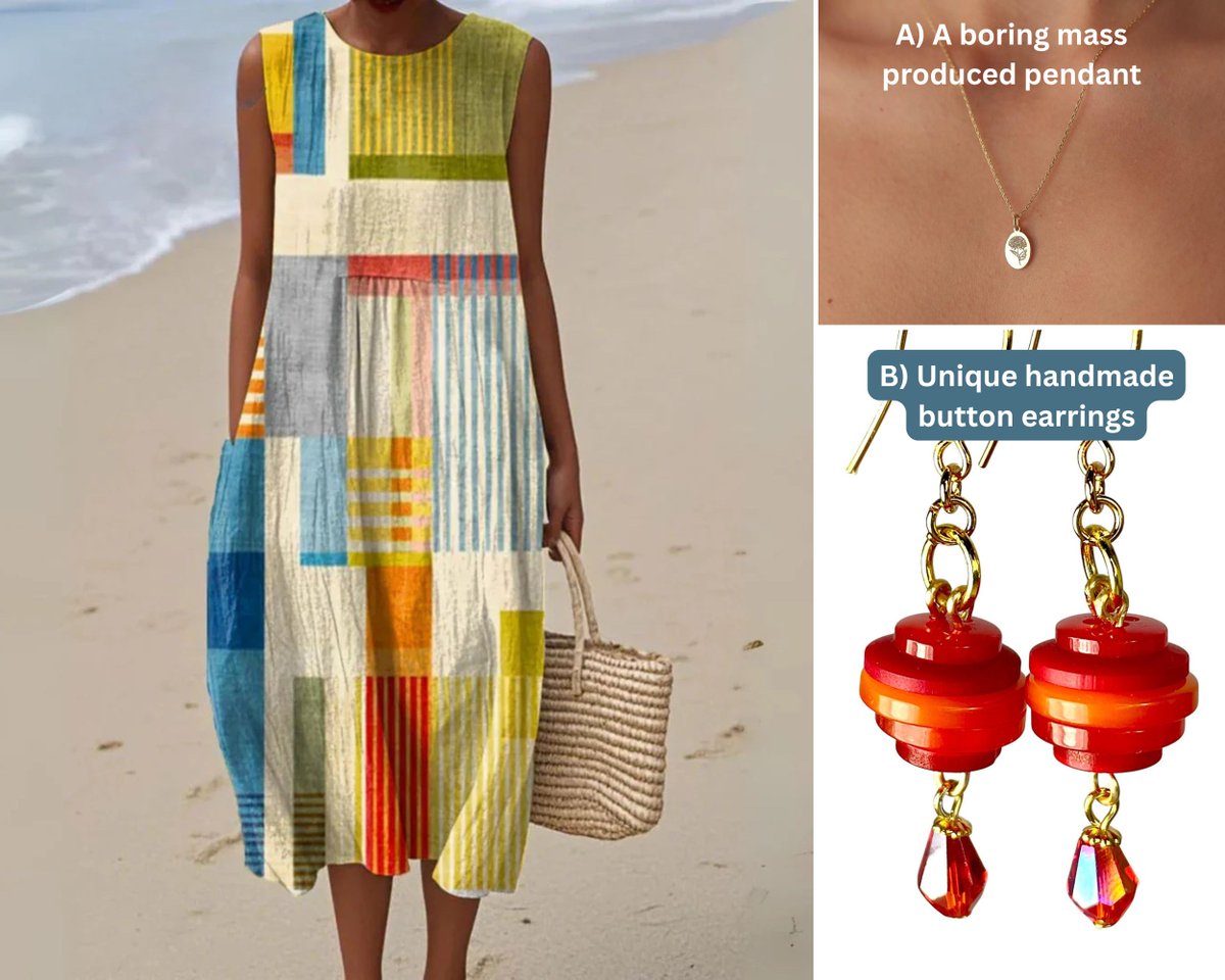 BluKatDesign's tweet photo. What would you wear with this outfit? A) Boring mass produced pendant OR B) Cute upcycled button earrings? https://t.co/s6dV8Uditt  #supporthandmade #upcycledjewelery #handmadeearrings ❤️ https://t.co/GT5tOfDjak