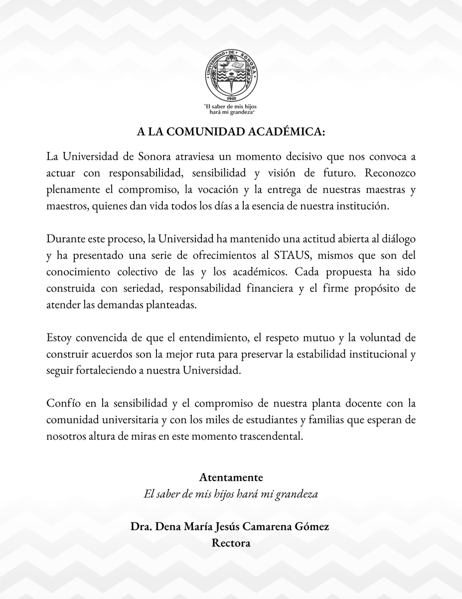 SoyUnison's tweet photo. Mensaje de la Dra. Dena María Camarena Gómez, rectora de la Universidad de Sonora a nuestra comunidad académica. https://t.co/8arvhdMVgB