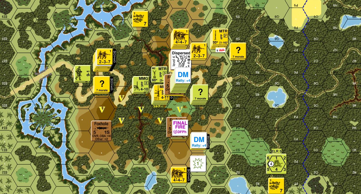 ConscriptsDc's tweet photo. We were on turn 6 of 8 when the USMC shot hit my SAN of 5. I activated ("1") and it landed perfectly. There was a 10-2 Heroic Leader in there. Was. That shot nailed him, and then on the +2 LLMC, both squads in there broke.  #AdvancedSquadLeader @MultiManPub https://t.co/4AAzUlSrGz