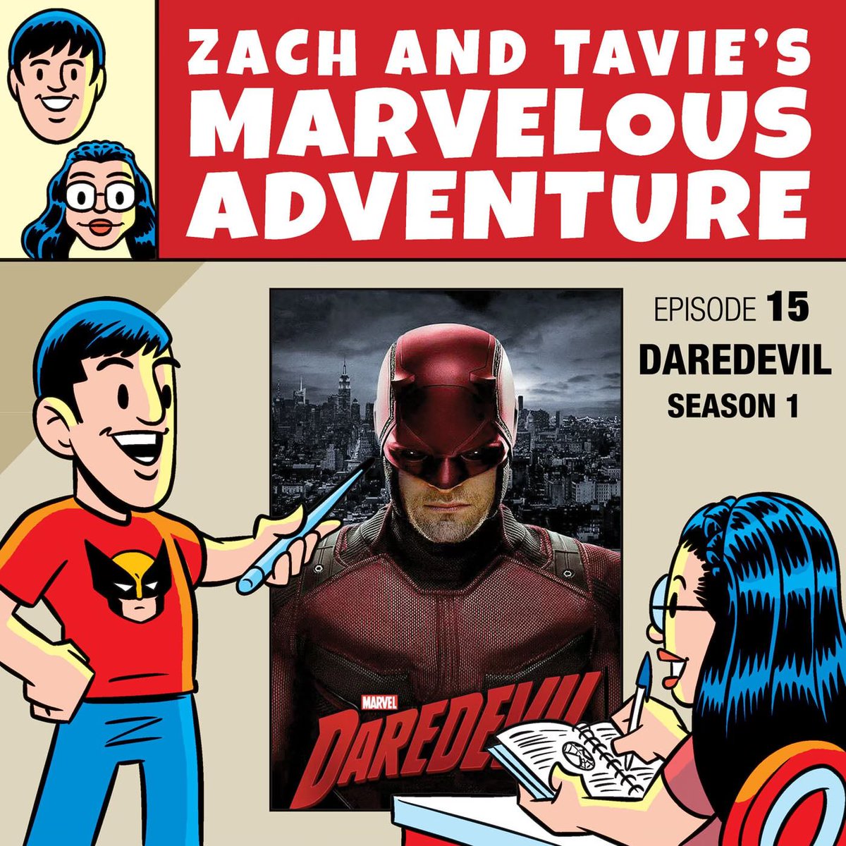 ZachTavieMarvel's tweet photo. EPISODE 15 IS AVAILABLE NOW!

Zach &amp; Tavie stick with TV, turning to the Netflix era of street-level Marvel superheroes, starting off with A FULL SEASON OF DAREDEVIL!

It gave them plenty to discuss, even with a jaw-dropping moment early on. Tune in!

https://t.co/bhbP3cYwfx https://t.co/2r95E74LIF