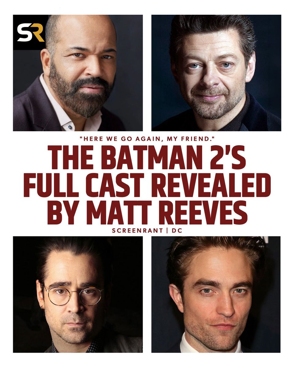 screenrant's tweet photo. Last night, director Matt Reeves revealed that #TheBatmanPart II will feature the return of Robert Pattinson, Jeffrey Wright, Andy Serkis, Colin Farrell, and others.
He promised more casting news today, so stay tuned to all live updates here! 🚨 https://t.co/sTfZX5tD33 https://t.co/jJLbZDJflg
