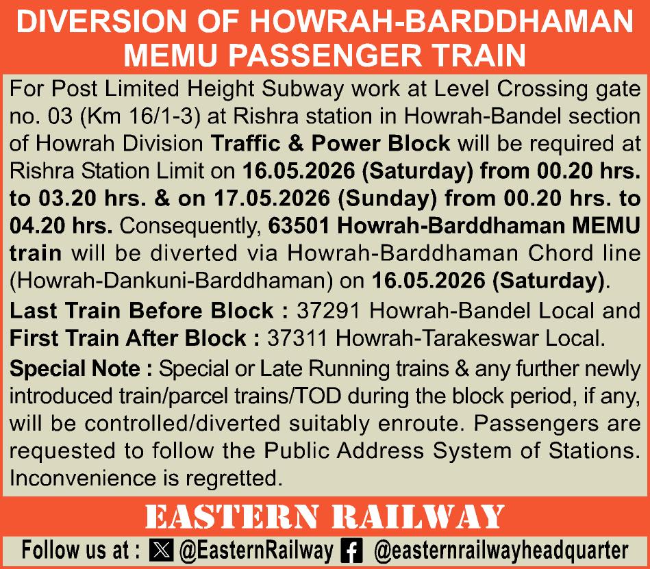 EasternRailway's tweet photo. হাওড়া-বর্দ্ধমান এমইএমইউ প্যাসেঞ্জার ট্রেনের পথ পরিবর্তন
हावड़ा-बर्द्धमान एमईएमयू पैसेंजर ट्रेन का मार्ग परिवर्तन
DIVERSION OF HOWRAH-BARDDHAMAN MEMU PASSENGER TRAIN https://t.co/IhhOxSRnG2