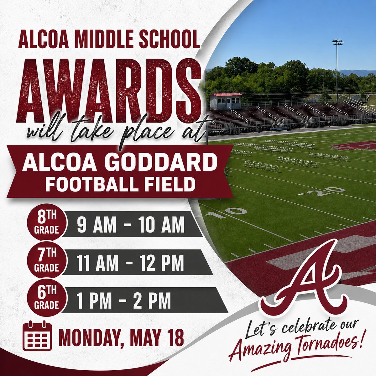 AlcoaMiddle's tweet photo. 🚨 LOCATION CHANGE ALERT 🚨

AMS Awards Day is headed to the 🏈 Alcoa Goddard Football Field 🏈 and we are READY to celebrate our incredible Tornadoes! 🌪️🎉

Join us Monday, May 18 as we recognize the hard work, achievements, and success of our amazing st https://t.co/aSLOQTIwd3