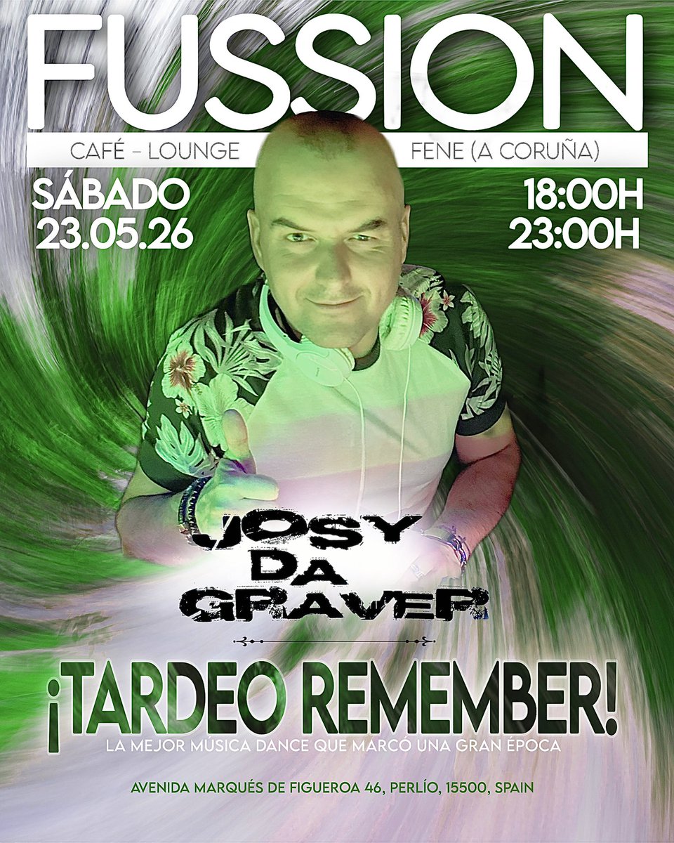 JosydaGraver's tweet photo. Por fin en casa, Fene! ❤️🔥

🍃Tardeo Remember en @fussioncafeteria 🍃

Deseando veros y poder disfrutar juntos esta Tarde-Noche de ese musicón que nos marcó y lo sigue haciendo a día de hoy. Lleno de buen rollo y el mejor ambiente.

#fene #fussion #tardeoremember #dj https://t.co/eFvTMkvoKO