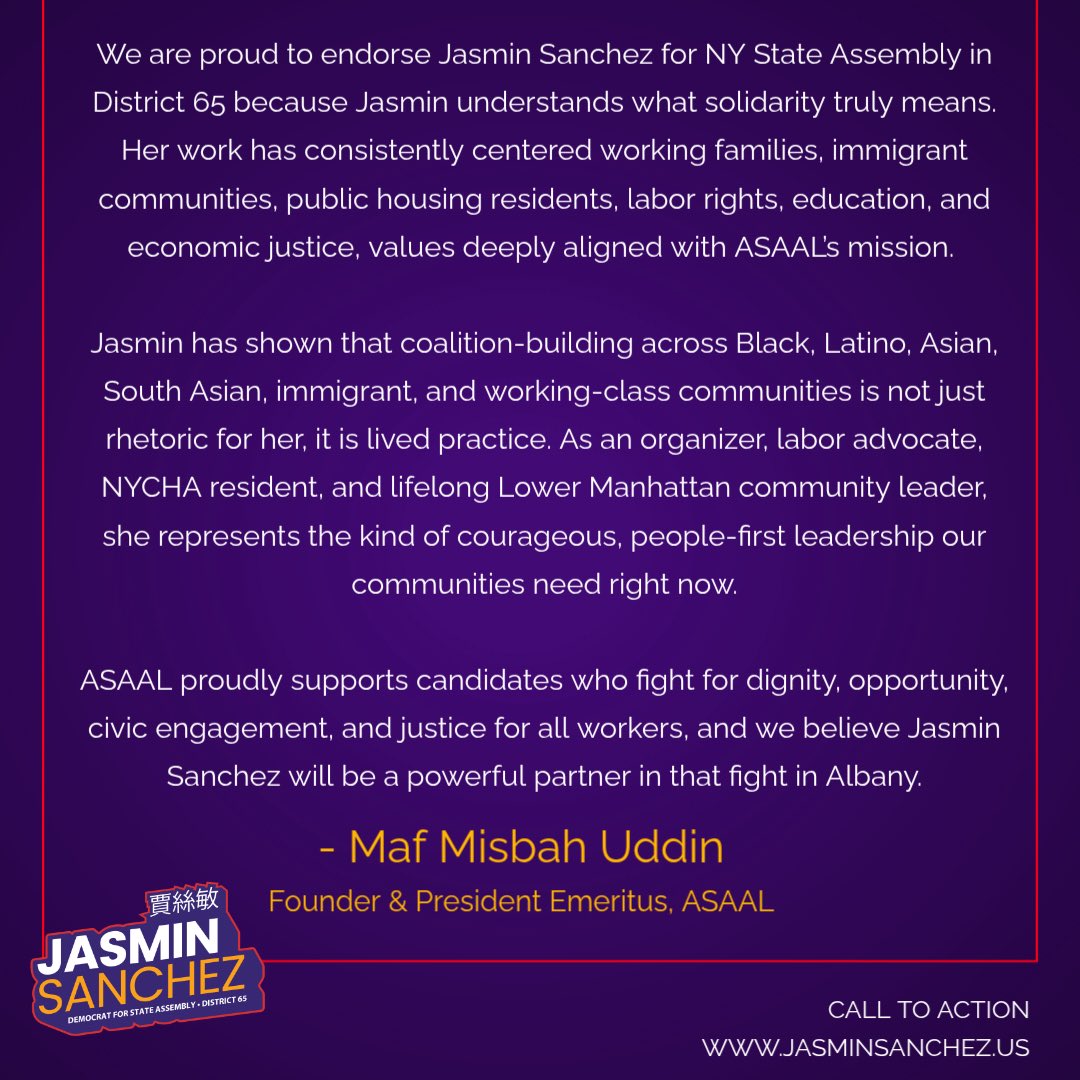 JasminSanchezNY's tweet photo. I am deeply honored to earn the endorsement of the Alliance of South Asian American Labor. @ASAAL08 

ASAAL has spent years fighting for working people, immigrant communities, labor rights, civic participation, and multiracial solidarity across New York. Their work reflects the belief that when communities come together across cultures and backgrounds, we build real power for working-class people.

Thank you, ASAAL, for believing in our campaign and in the vision we are building together for Lower Manhattan and New York State. 

Together, we will continue fighting for workers, immigrants, public housing residents, and the future every family deserves.

Donate/Volunteer at https://t.co/deRVrzSbuu