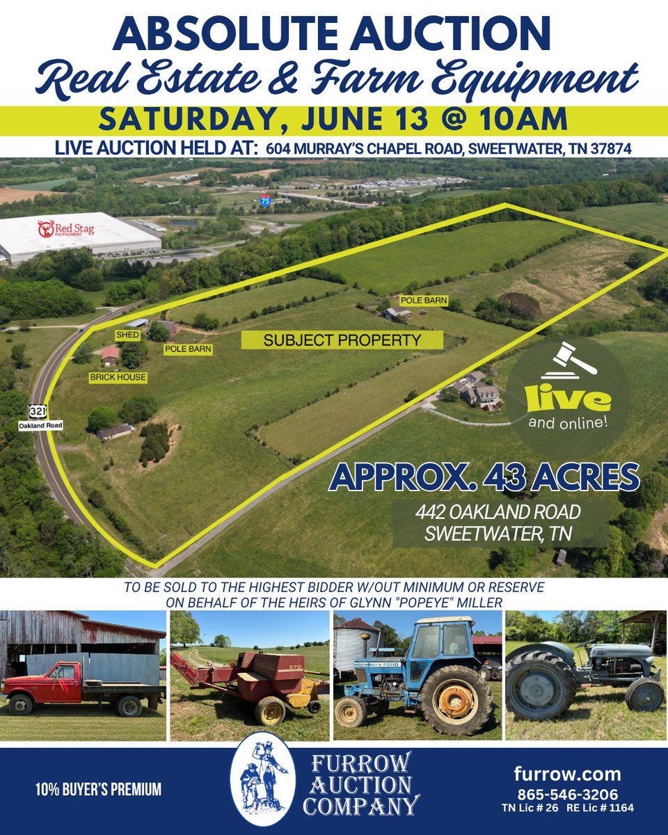 FurrowAuctionCo's tweet photo. ABSOLUTE REAL ESTATE &amp; FARM EQUIPMENT AUCTION: LIVE &amp; ONLINE! 
📆June 13: Real Estate Starts to Close @ 10am | Farm Equipment @ 11am 
📍 Live Auction held at: 604 Murray’s Chapel Road, Sweetwater, TN 37874 
https://t.co/aOc5bsmzaE https://t.co/FIm3fQjQFM