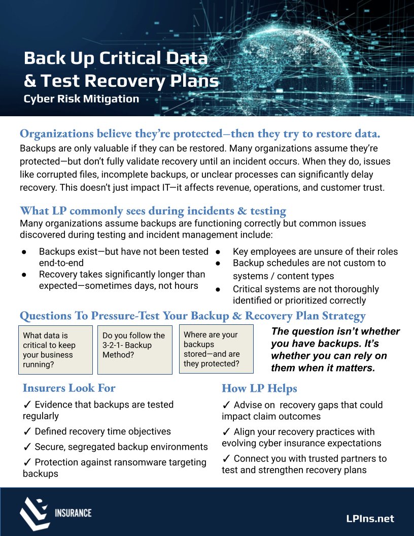 LP_Difference's tweet photo. LP’s latest cyber risk mitigation guide breaks down practical steps businesses can take to strengthen backup and recovery planning. https://t.co/siNBUYrk1J 

#CyberRisk #CyberInsurance #RiskManagement #BusinessContinuity #DataBackup #LPInsurance https://t.co/F8uOzdepJ3