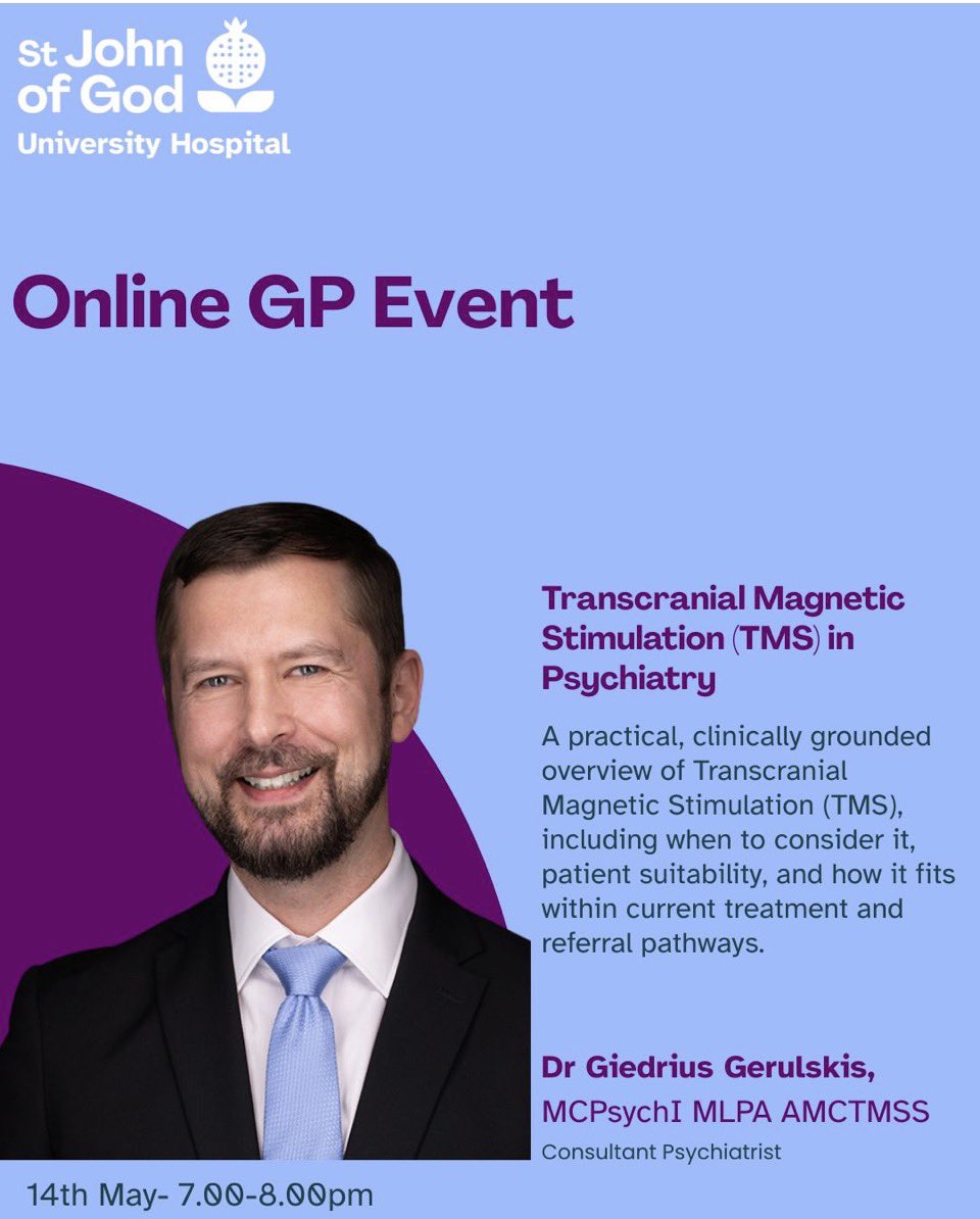 Medcafe1's tweet photo. The role of Transcranial Magnetic Stimulation (TMS) in psychiatry

📆Today, Thurs 14th May

🕖 7pm

🎤Dr Giedrius Gerulskis

📍 The session will look at where TMS sits within current treatment approaches, who it’s suitable for, and what GPs need to know when considering it

👩🏼‍🎓CPD https://t.co/Rrp0wINyJF