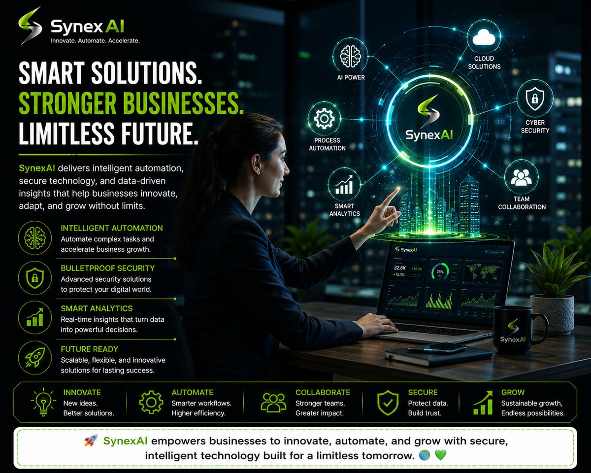 SynexAII's tweet photo. 🔥 SynexAI redefines digital innovation through intelligent automation, advanced analytics, and secure technology powering unstoppable business transformation worldwide 🚀💚 https://t.co/1xUzJyyyg1