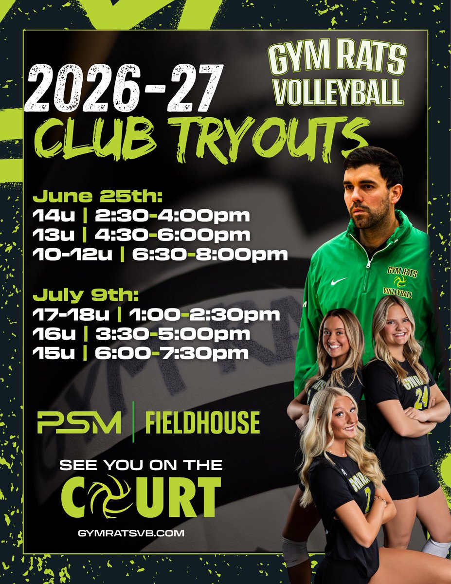 GymRatsvb's tweet photo. 🗣️ TRYOUTS ANNOUNCEMENT 🏐

Find your family and your home with Gym Rats Volleyball

🏐 Gym Rats Volleyball Tryouts
📅 June 25th &amp; July 9th 
◆ Ages 10–18U
🐭 Local, Regional, &amp; National Teams

https://t.co/piGU9O1yXF https://t.co/Ry9xH0Myro