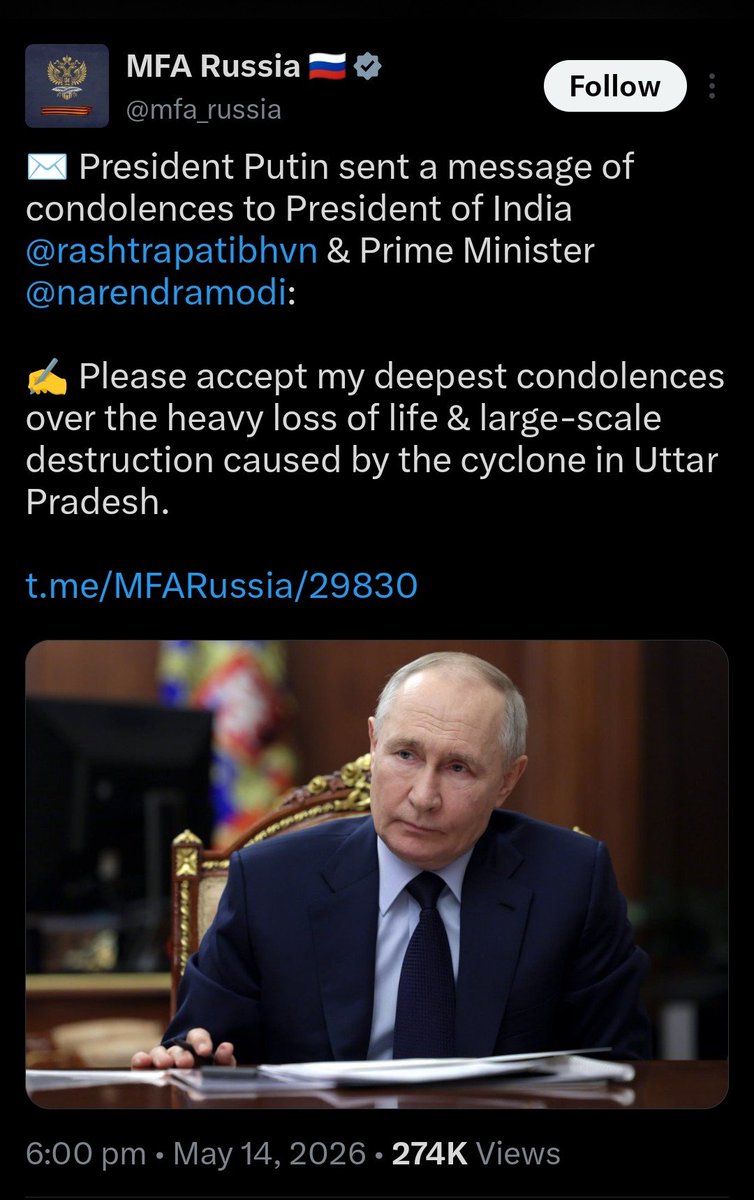 DKYADAV_8090's tweet photo. And I am from India. I came to know from this tweet that there was a loss of lives in UP, whereas Indian media has been busy since yesterday with how the PM has reduced his convoy.
#UP_CYCLONE #RussianCondolences 
#putin https://t.co/CG4BA5vxgX