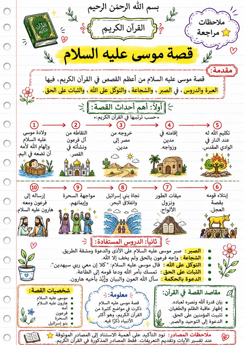newksa1's tweet photo. طريقة جميلة لتلخيص قصص القرآن للأطفال والطلاب 📚✏️

امثله على ذلك قصة 

يوسف عليه السلام 
 و موسى عليه السلام 

البرومبت المستخدم :

صمّم صفحة مراجعة تعليمية عربية عمودية على ورق دفتر أبيض مسطر بخطوط زرقاء خفيفة، بأسلوب كراسة مدرسية مرتبة وملونة، وخط عربي يدوي جميل وواضح، عن موضوع: "[اسم القصة]".

ضع في الأعلى: "بسم الله الرحمن الرحيم"، ثم إطار مزخرف فيه "القرآن الكريم"، ثم عنوان كبير مميز بالهايلايتر الأصفر: "[عنوان القصة]"، مع فقاعة جانبية: "ملاحظات مراجعة ⭐".

أضف قسم "مقدمة:" داخل إطار أحمر مع فقرة قصيرة عن القصة وأهم معانيها، مع تظليل الكلمات المهمة بالأصفر.

أضف قسم "أولاً: أهم أحداث القصة:" وتحته "حسب ترتيبها في القرآن الكريم:"، ثم خط زمني مرسوم يدويًا من 1 إلى 10 داخل دوائر حمراء، مع أسهم ورسومات doodle رمزية مناسبة لكل حدث.

أضف قسم "ثانياً: الدروس المستفادة:" مع 5 نقاط بنقاط خضراء، واجعل عنوان كل درس مظللًا بالأصفر.

في أسفل الصفحة أضف ثلاث بطاقات صغيرة: "شخصيات القصة"، "معلومة"، "مقاصد القصة في القرآن"، ثم أضف في النهاية ملاحظة داخل إطار أحمر: "ملاحظات المصادر: نود التأكيد على أهمية الاستناد إلى المصادر الموثوقة ⭐ عند تفسير الآيات وتقديم التعريفات. فقط المصادر المذكورة في القرآن الكريم."

اجعل التصميم نظيفًا ومنظمًا، بألوان هادئة، إطارات حمراء وخضراء، تظليل أصفر، ورسومات يدوية بسيطة وجذابة.