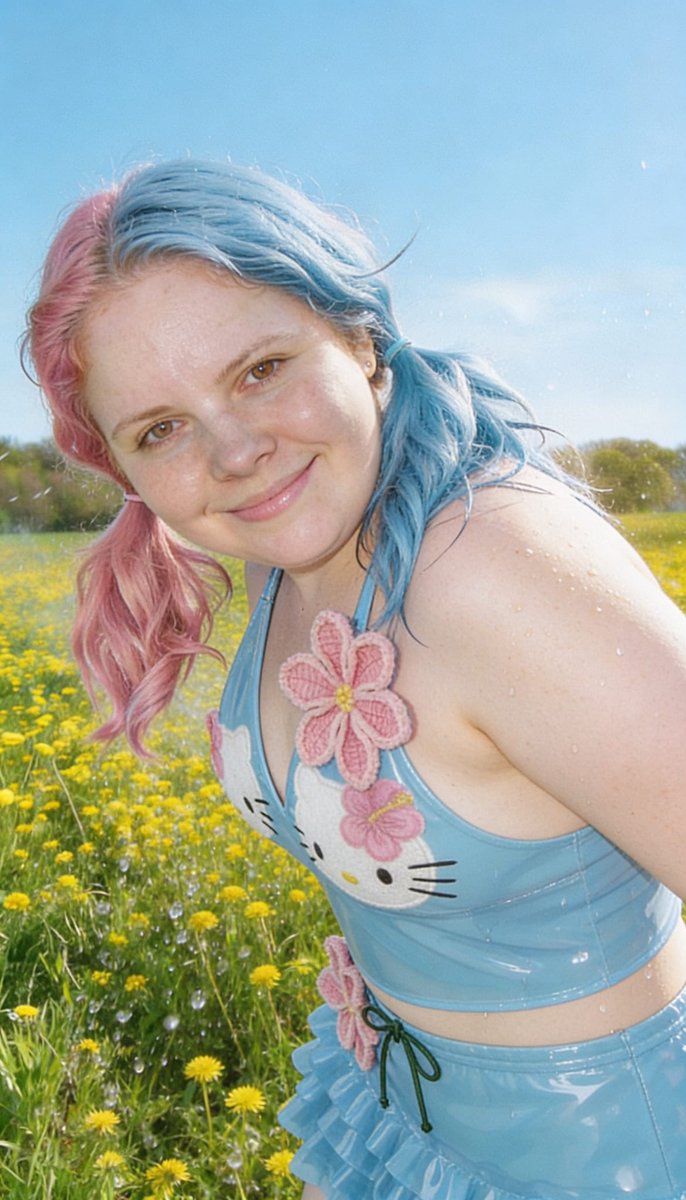 Lizzy1262629's tweet photo. Sunny field vibes in my sheer blue PVC Hello Kitty outfit 🌼💙 Pink & blue pigtails, water droplets, and pure glossy fun! Who else loves this look? 😘"
Keywords / Hashtags:
#HelloKitty #PVCOutfit #SheerBlue #GlossyPVC #FlowerField #PinkAndBlueHair #Pigtails #TransparentFashion https://t.co/CrypN2GAJV