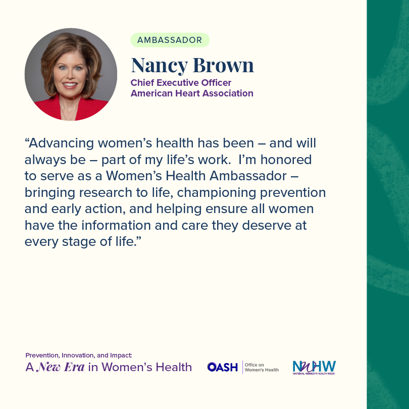 NancyatHeart's tweet photo. Happy National Women’s Health Week! Join me, along with @womenshealth, in celebrating with other Women’s Health Ambassadors this week as we focus on the health needs of women and girls at every stage of life. #NWHW https://t.co/DuPf1VO26X https://t.co/VH65RSiG3W