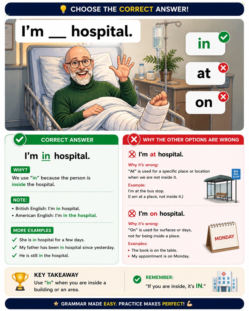 ThinkinEnglis's tweet photo. @Englishtiip 👉 I’m in hospital. (British English)
👉 I’m in the hospital. (American English) https://t.co/lz9WrCZ6PG