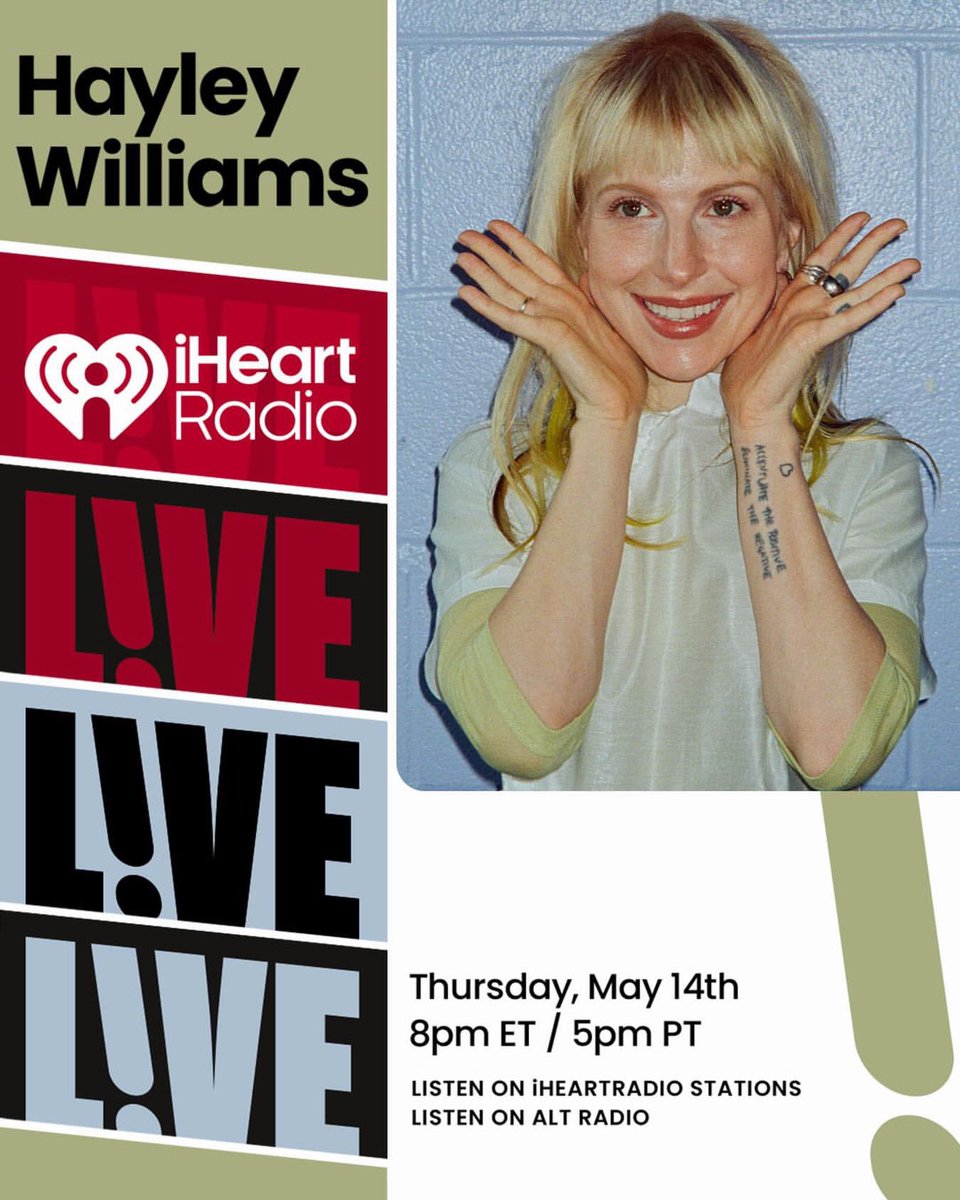 ALT987fm's tweet photo. Tune in TODAY for a special @iHeartRadio Broadcast with Hayley Williams. 💛 Lisa Worden talks with Hayley Williams about all things ‘The Hayley Williams Show’, plus a special acoustic performance! Listen live at 5pm PT: https://t.co/Yo0poGll43 #HayleyWilliams https://t.co/nnF47Wekwm