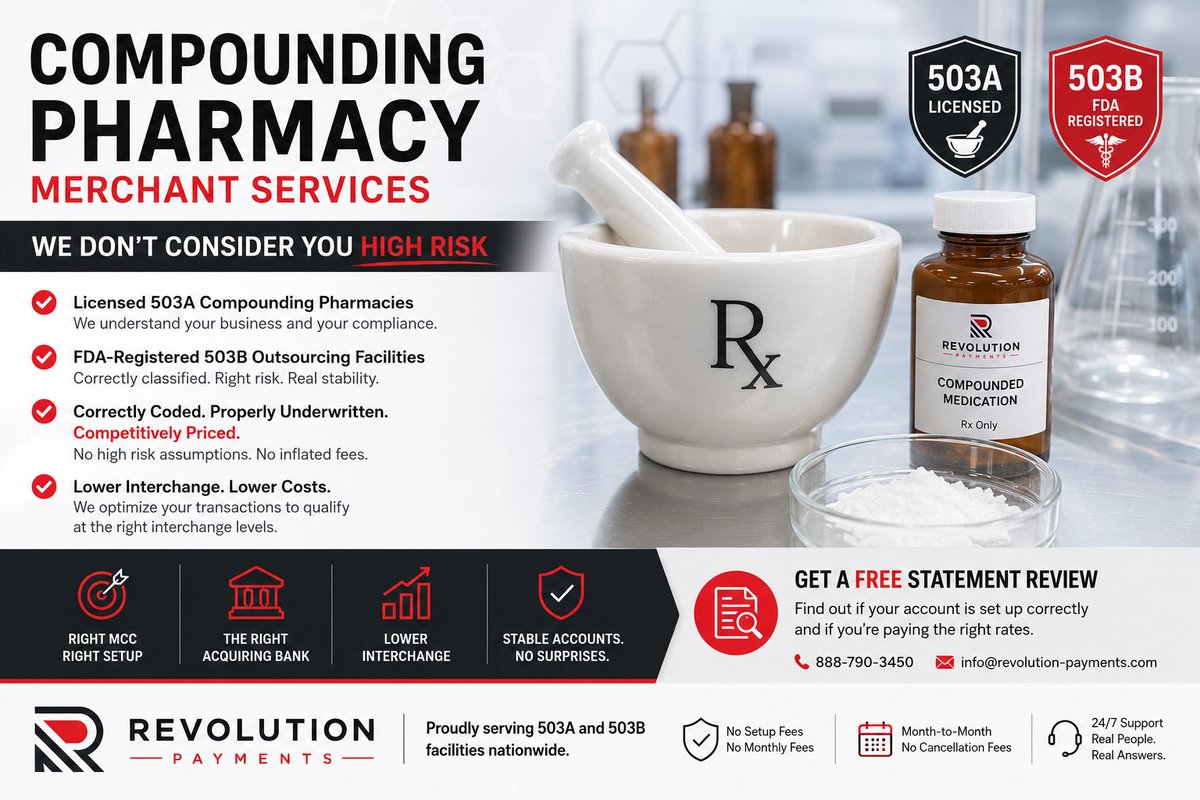 RevolutionPaymt's tweet photo. Most compounding pharmacies and 503B facilities are being incorrectly treated as “high risk” by processors that do not understand the space.

Dont significant interchange savings on commercial card transactions.    
https://t.co/edYi468OBY

 #503B #CompoundingPharmacy https://t.co/tUOBICnBCl