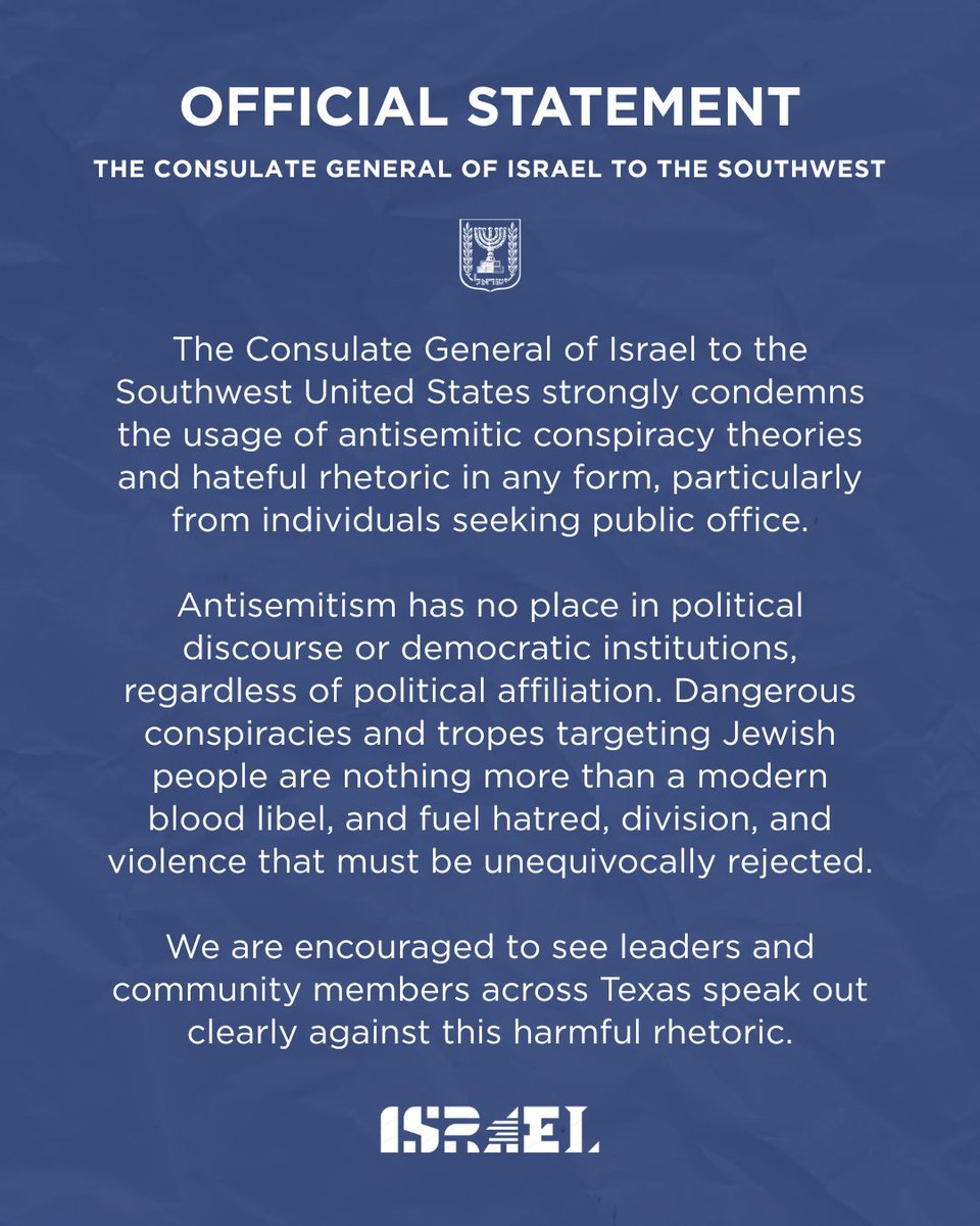 IsraelinHouston's tweet photo. An official statement from the Consulate General of Israel to the Southwest: https://t.co/GHaAS0RhQX