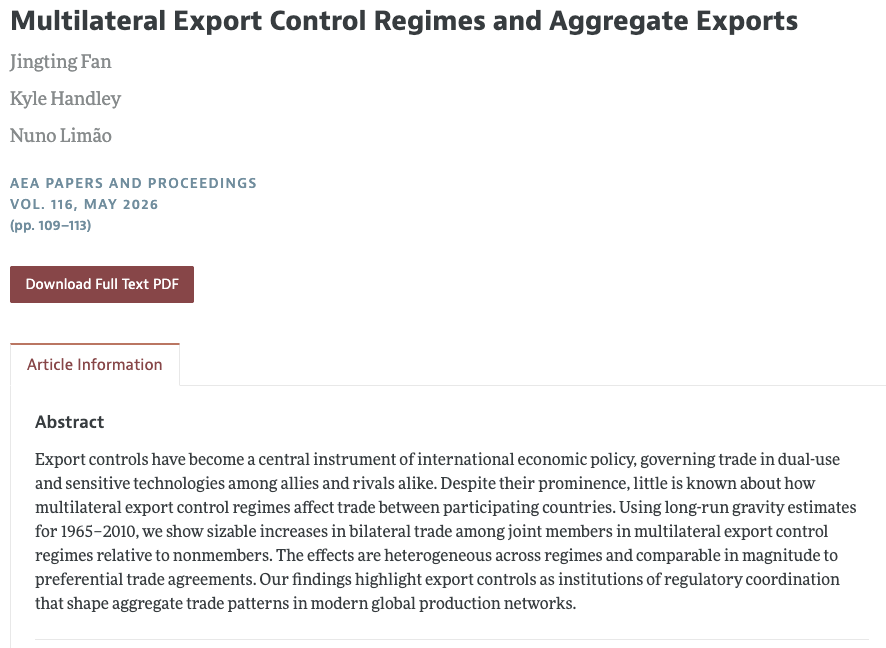 KyleLHandley's tweet photo. Are export controls just trade barriers?

Not necessarily.

In a new AEA P&P paper, Jingting Fan (CKGSB), Nuno Limão @georgetownsfs , and I study multilateral export control regimes since the Cold War.

We find that coordination among members is associated with substantially higher bilateral trade. 1/7