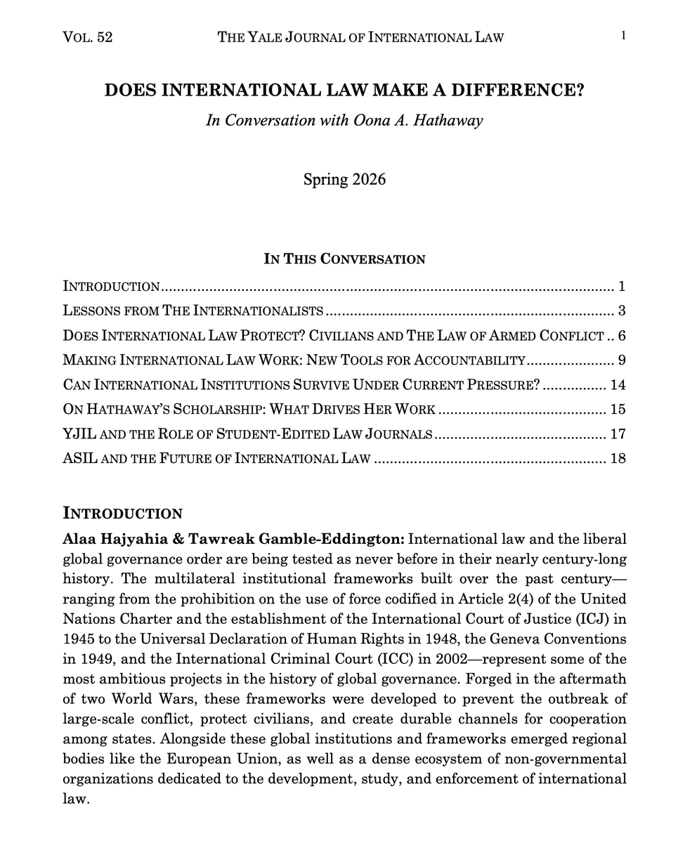 oonahathaway's tweet photo. Does International Law Make A Difference?

This is the question I've grappled with throughout my career.

Read my wide-ranging conversation with the co-editors-in-chief of the Yale Journal of International Law.

(Link in reply.) https://t.co/rt74YLYeeQ