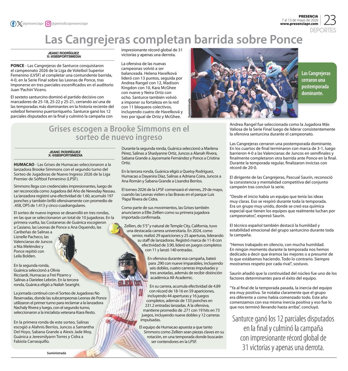sbsportsmedia's tweet photo. . @presenciapr jueves, 7 de mayo de 2026 / Las Cangrejeras completan barrida sobre Ponce 

Por: @jeancrod https://t.co/XYFwJ24Ds4