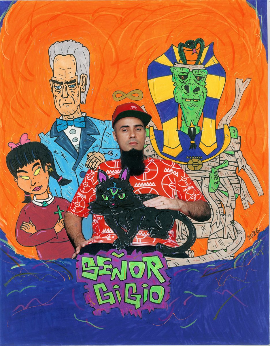 SenorGigio's tweet photo. "The Majician"
original art by Señor Gigio. 2026.

collage / cartoon combo, featuring myself on the Walt Thizzney tip with my supadupa antihero creations Annie Lee, Unlucky Jr., Mummified Pharaoh &amp; Super Psychic Kitty.

cop the t-shirt &amp; support:
https://t.co/Pyypr1jKnF https://t.co/iKHu0RKkrz