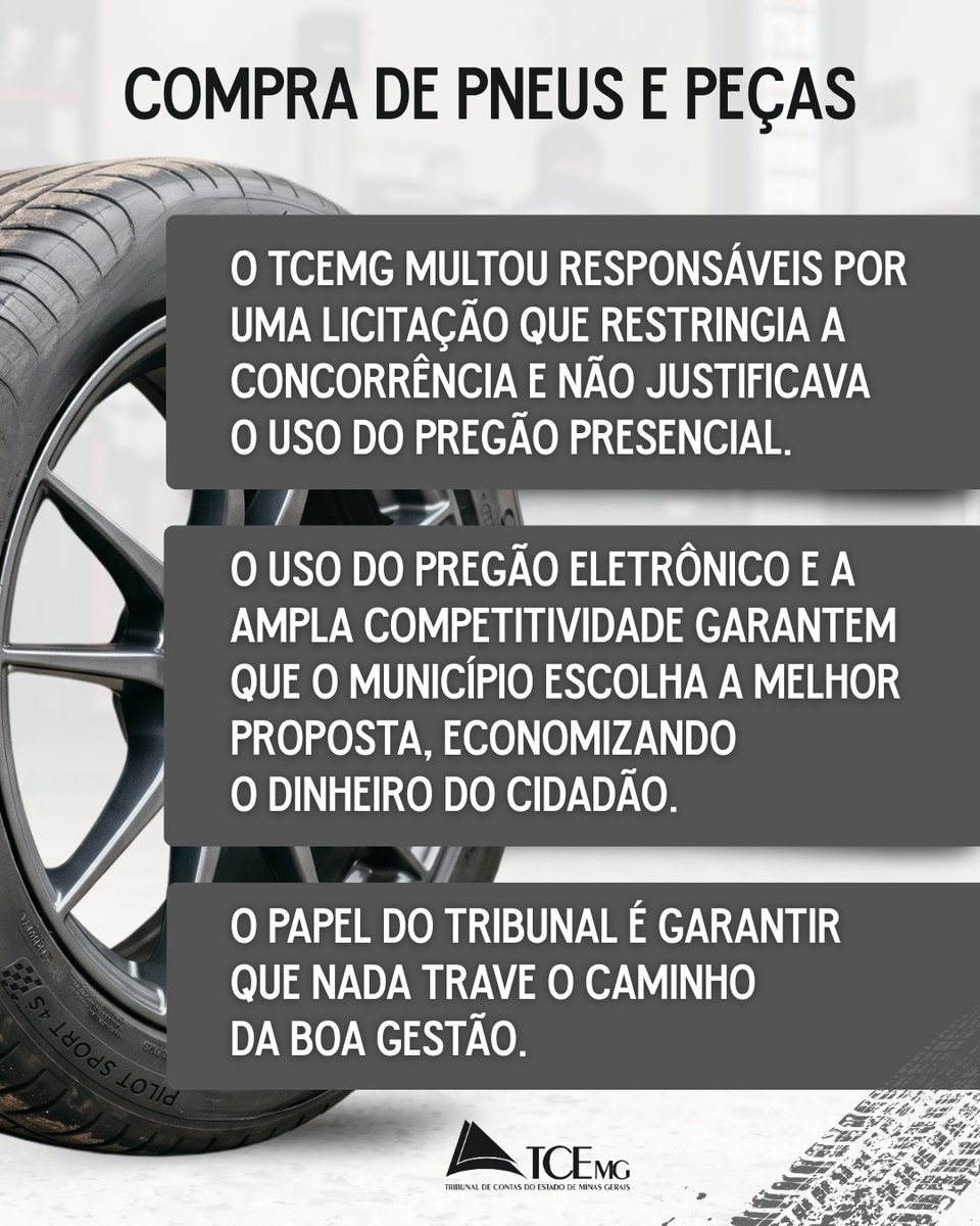 tcemg's tweet photo. Para a gestão pública rodar bem, o caminho deve ser a transparência! 🛞✨ Recentemente, o TCEMG identificou falhas em uma licitação de pneus em Funilândia e aplicou multas aos responsáveis. Mas o que isso ensina sobre boa gestão? https://t.co/cB2UPlLlx1