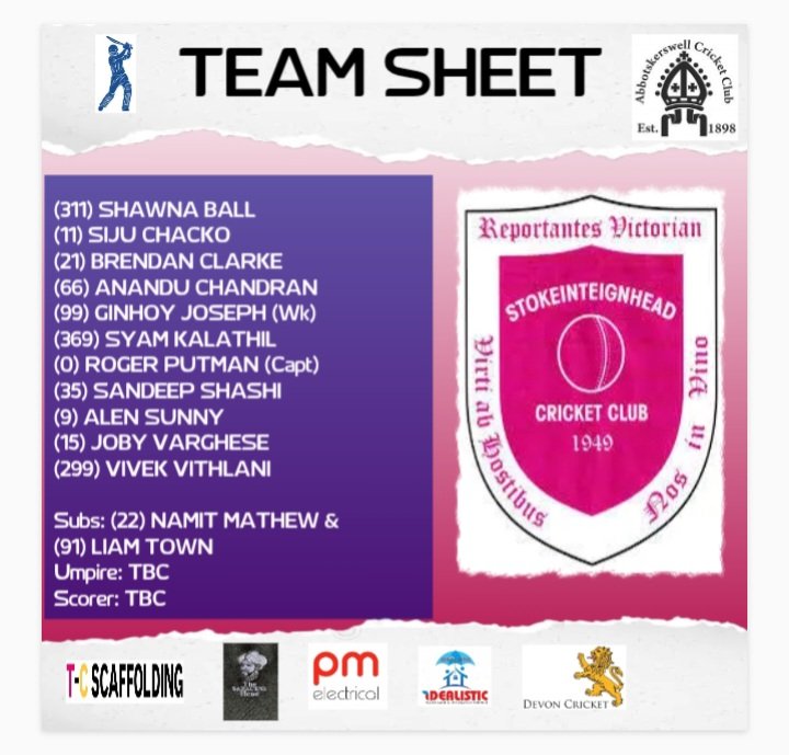 StokeCC's tweet photo. @StokeCC 1s &amp; 2s team sheets
Weather Permitting!!

1XI 
🆚️ @kenncricketclub
🏏 DCL E Division West
🏟 Trehill, Kenn
🗓️ Saturday 16th May
⏰ 13:00

2XI
🆚️ @AbbotsCC
 🏏 DCL G Division Central
🏟 Netherton Park
🗓️ Saturday 16th May
⏰ 13:00 https://t.co/blK2HbxBwx