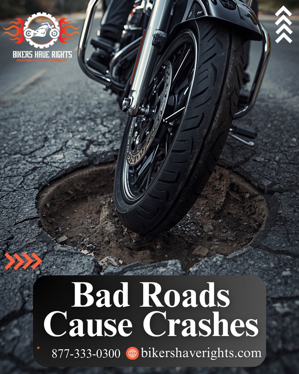 BikersHaveRight's tweet photo. Spring roads bring a major hazard for riders: potholes causing serious accidents. Attorney Brad Tabakin, Esq., of Bikers Have Rights helps motorcyclists injured by unsafe road conditions.

#Potholes #RoadHazards #MotorcycleAccidentLawyer https://t.co/2moJxPERWq