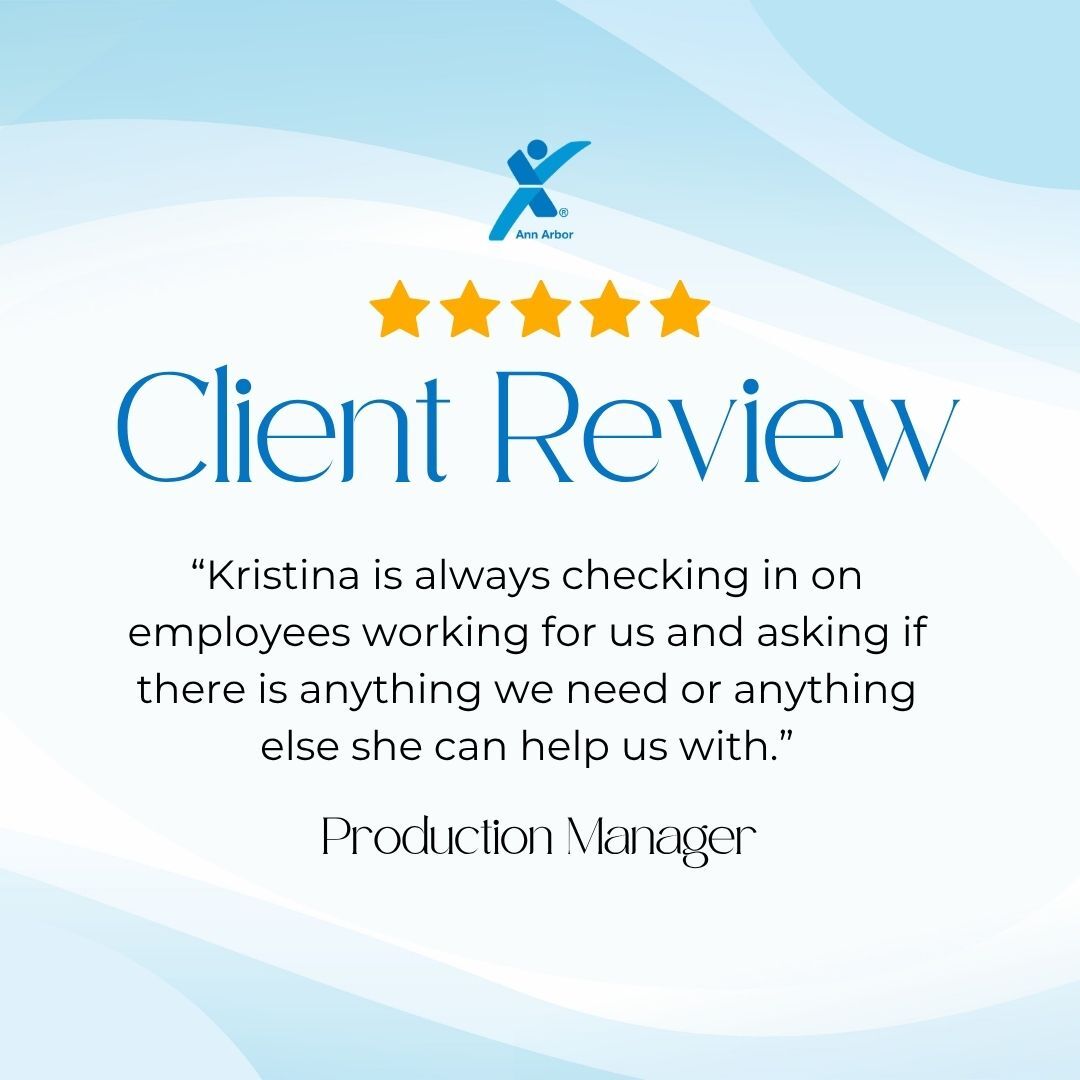 ExpressAnnArbor's tweet photo. Client Review Spotlight

"Kristina is always checking in on employees working for us and asking if there is anything we need or anything else she can help us with."
— Production Manager

Huge thanks to Kristina for her dedication! Making sure our team and our clients have... https://t.co/j57HOiVo9R
