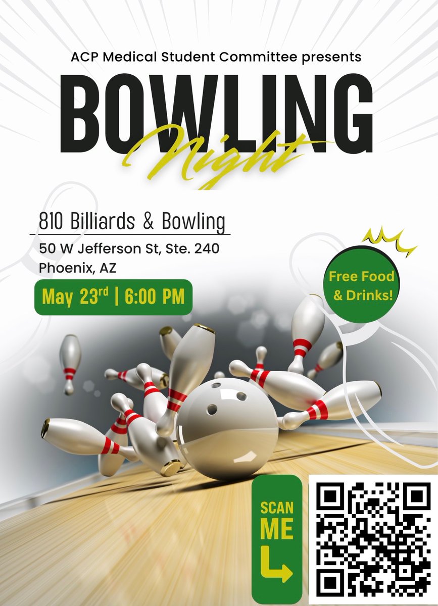ArizonaACP's tweet photo. Medical students, this one's for you! 🎳

ACP AZ Bowling Night is happening May 23rd at 6:00 PM at 810 Billiards &amp; Bowling in Phoenix. Free food, free drinks, and limited spots left. RSVP now! ⬇️
https://t.co/OyzeYTb2er

 #ACPAZ #IMProud #MedStudentLife #ACP https://t.co/Pfgtzh4moJ