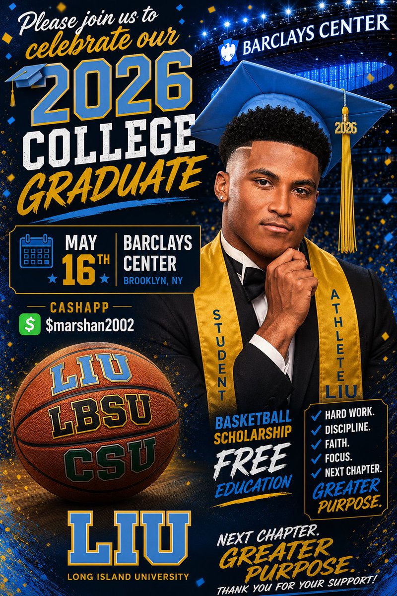 ShowtimeBoyzz's tweet photo. “Through 2 knee surgeries, setbacks, becoming a new dad, and his father being diagnosed with cancer… AJ never stopped fighting. 💙💛

He balanced pain, pressure, family, and responsibility while still chasing his dream and earning his degree from LIU. 

What started as a basketball scholarship turned into a story of resilience, growth, and purpose.

Class of 2026
Barclays Center |
More than an athlete. More than a graduate.
A father. A fighter. A role model. 🙏🏾 #LIU #StudentAthlete #NewDad #NextChapter #DemShowtimeBoyz”