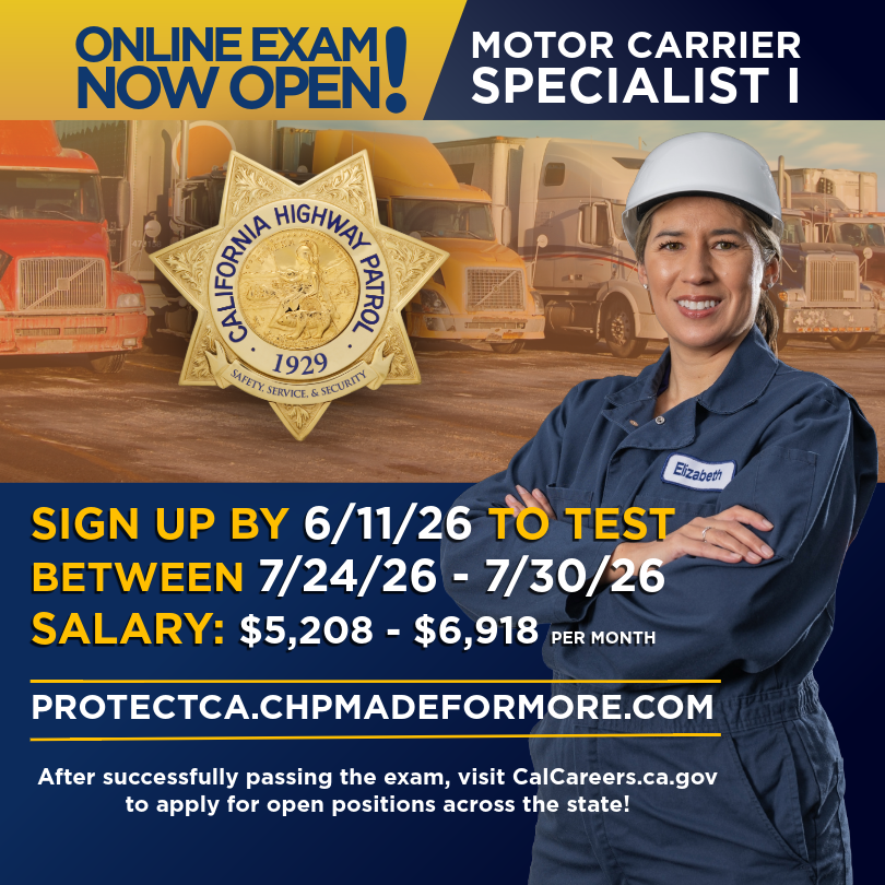 CHPCareers's tweet photo. 🚨 TAKE THE ONLINE EXAM • Become a Motor Carrier Specialist! 🚨
* Deadline: 6/11/2026
* Test between: 7/24/26 - 7/30/26 (Online statewide)
TAKE THE EXAM HERE: https://t.co/VDjbLmEXSy
HEAR IT FROM A MCS 1
https://t.co/gjTLySpIMz
#CaliforniaHighwayPatrol https://t.co/rMXfSDtdCJ