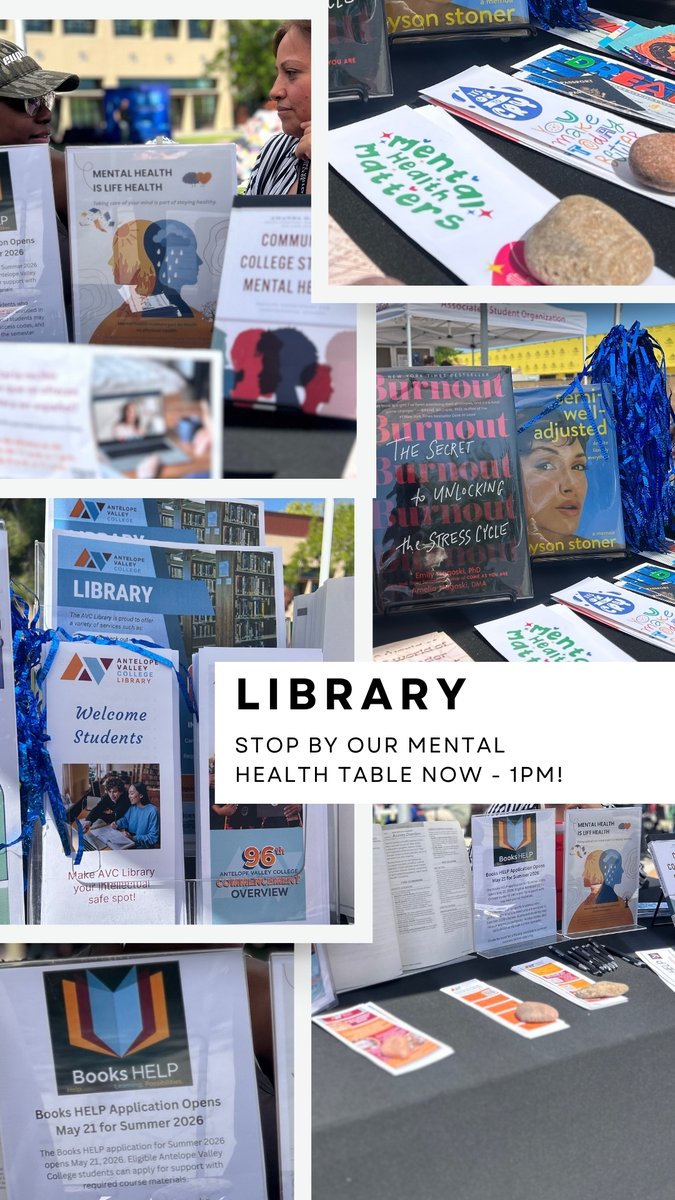 AVCLibrarian's tweet photo. Mental Health Matters At AVC Libraries!
↓
Stop by now - 1pm &amp; learn about library resources!
↓
#AVCLibrary #AntelopeValleyCollege #MentalHealth @avcollegeca https://t.co/Ky0VXwoeXY
