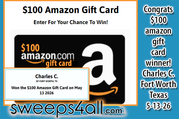 SweepsForAll's tweet photo. 🏆Charles C. of Fort Worth, Texas, is our lucky #winner of the $100 #Amazon Gift Card on May 13, 2026! 🥳Congrats!🎁

🆓Enter to #win up to $888,888.88 totally free!
🎁Give Yourself the Gift of Free Entries: https://t.co/JDXxxSZTem https://t.co/ORn2ZgGSO0