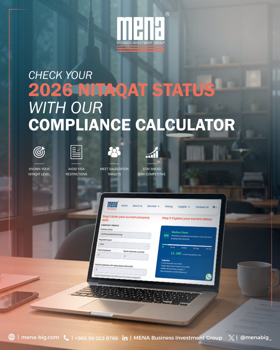 menabig_'s tweet photo. Your 2026 Nitaqat status can affect more than your compliance score.

It can impact hiring, visa approvals, Saudization planning, and your ability to stay competitive in the Saudi market.

That’s why we built a simple Compliance Calculator to help businesses check their Nitaqat level and understand what actions may be needed next.

No complicated steps. No guesswork. Just a clear view of where your company stands.

🔗 Check your 2026 Nitaqat status with our Free Compliance Calculator: https://t.co/9sqDXPpxz5 and plan ahead with confidence.

#Saudization #Nitaqat #HumanResources #SaudiJobs #SaudiArabia #NEOM