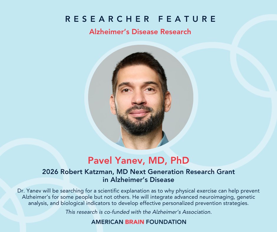 ABFbrain's tweet photo. Meet 2026 Next Gen. Researcher Pavel Yanev, MD, PhD. He is studying why physical exercise helps prevent dementia for some people but not others. This work could improve recommendations to prevent Alzheimer’s. Funded with @alzassociation. #MoveInMay https://t.co/rD8037Zzb6 https://t.co/TRkjWavvLH