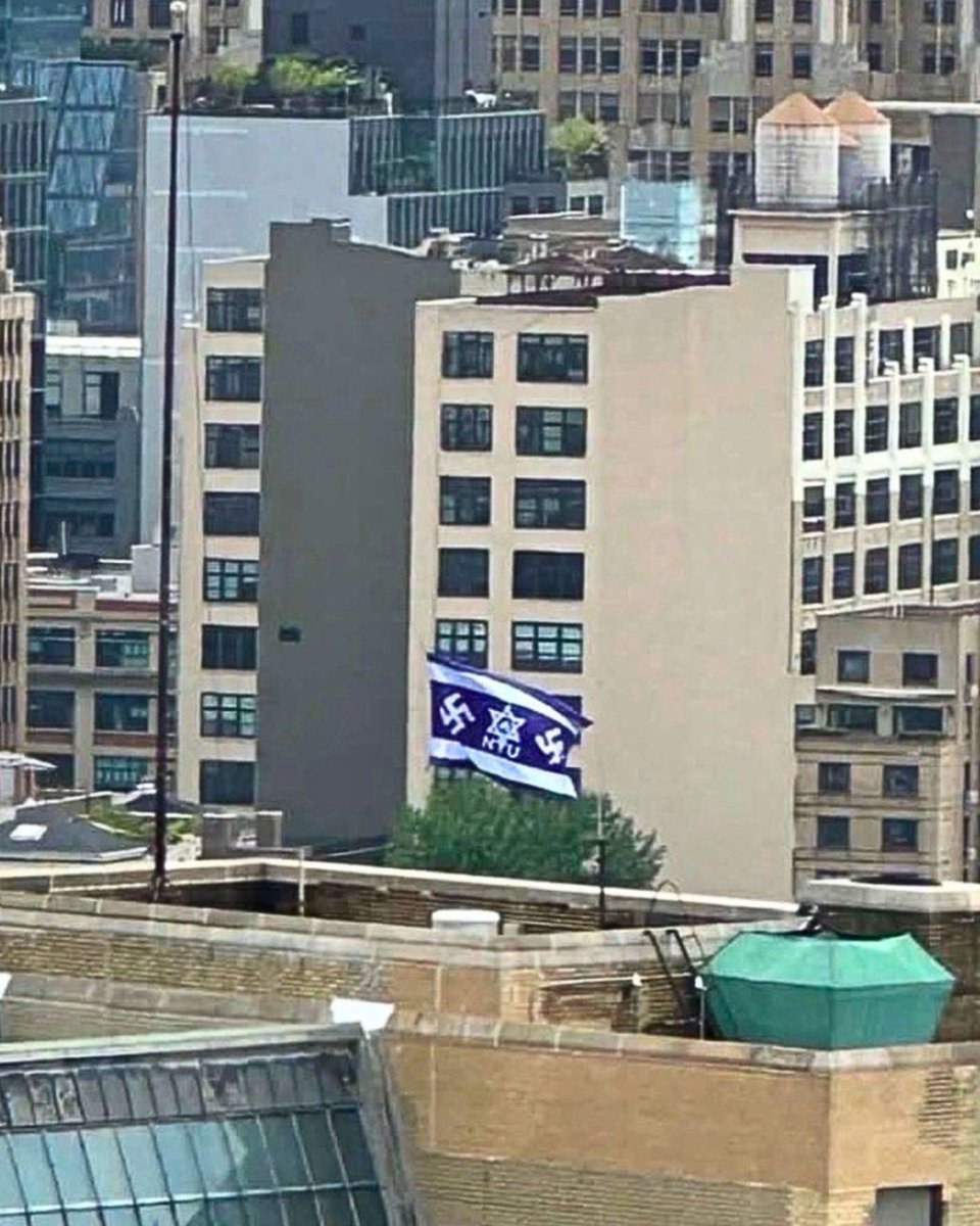 Farm1945A's tweet photo. This requires maximum effort to find those responsible, the planning, the flag layout and printing, to those who put it up.  There must be at minimum 50 cameras from all angles on this roof top, and Jewish organizations must find these camera's and then do the investigation themselves, neither 'nyu' or the police will do anything. 

 May 13th, yesterday afternoon during Grad Alley, No suspects have been named in coverage from The New York Times, NY Post, NY Daily News, Washington Square News, CBS, or other outlets.