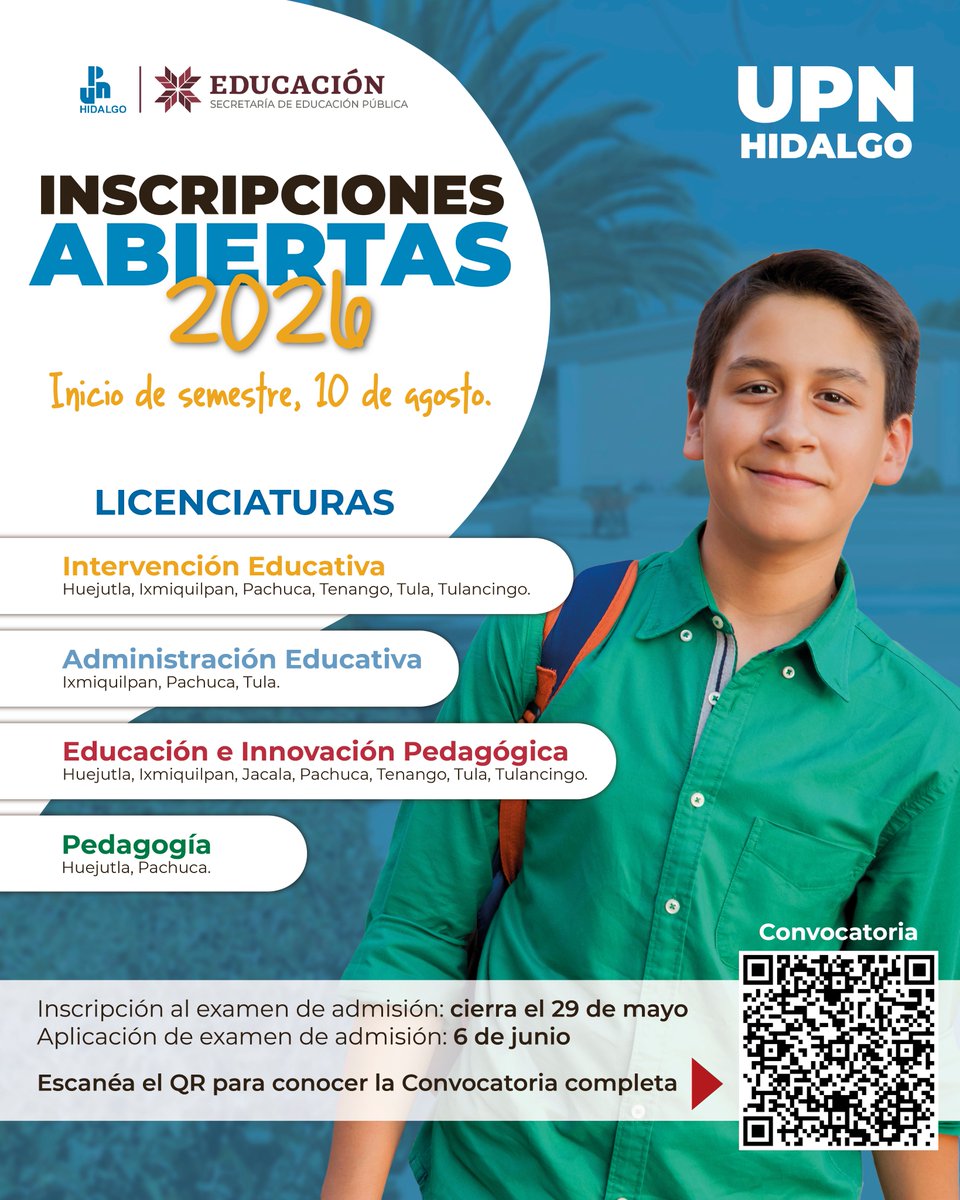 UPNHIDALGO's tweet photo. 🎓✨ Tu futuro comienza hoy en UPN 131-Hidalgo ✨

Estudia nuestras Licenciaturas en:
📚 Pedagogía
📚 Administración Educativa
📚 Intervención Educativa
💻 Educación e Innovación Pedagógica

🗓️ Cierre de inscripciones: 29 de mayo
📝 Examen de admisión: 6 de julio https://t.co/keDg4kDvzR