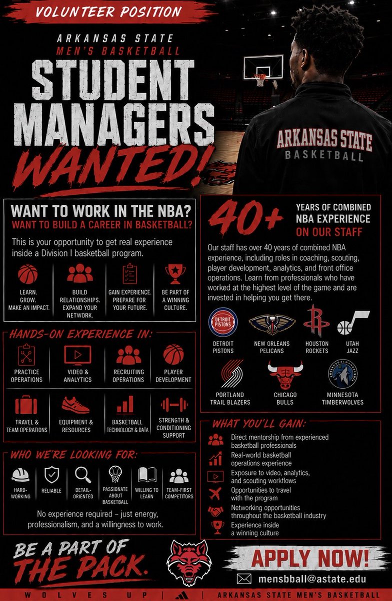 AStateMB's tweet photo. 🚨 STUDENT MANAGER OPPORTUNITY 🚨
Arkansas State Men’s Basketball is hiring hardworking student managers. Must be a current Arkansas State student or incoming freshman to be eligible.
If interested, email mensbball@astate.edu
#WolvesUp #AState #AStateMB https://t.co/EigLpPD3eE