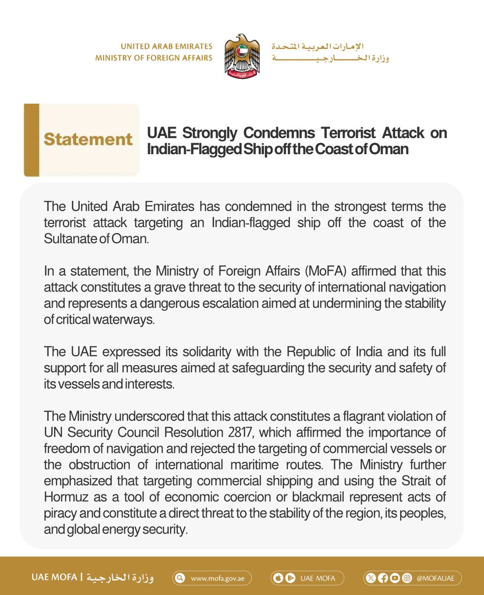 mofauae's tweet photo. UAE Strongly Condemns Terrorist Attack on Indian-Flagged Ship off the Coast of Oman https://t.co/gRArK2tniB