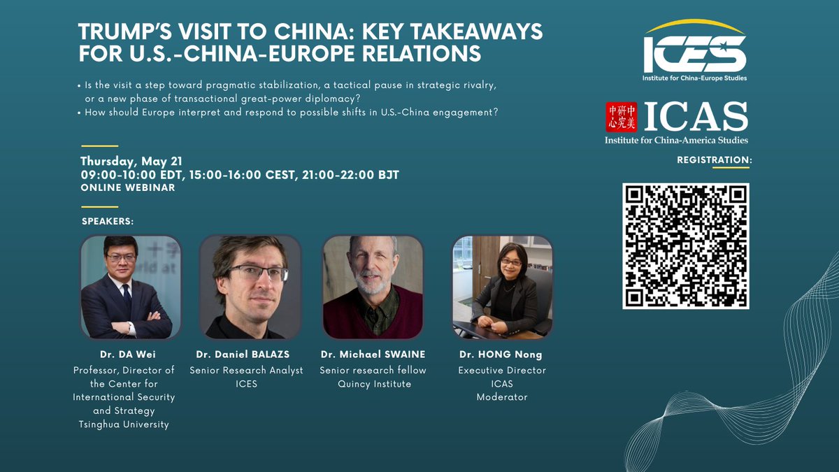 icasDC's tweet photo. On May 21 (9:00-10:00am ET), join ICAS and the Institute for China-Europe Studies for a virtual discussion on the fresh takeaways from President Trump's visit to China, and its implications for U.S.-China-EU relations. 

Scan QR or click below to register:
https://t.co/oah9iNre2b https://t.co/q74qPzTrto