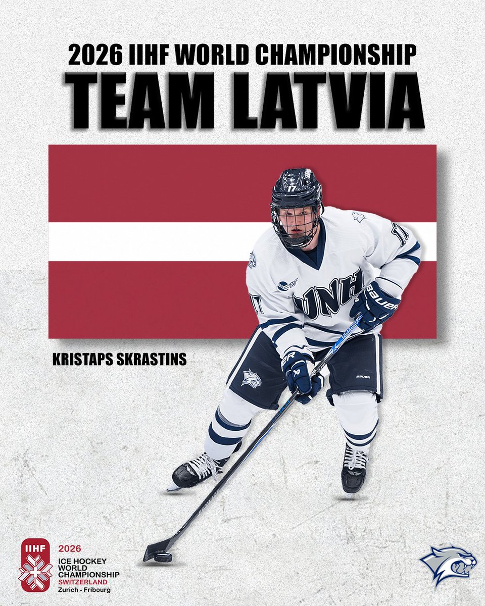 UNHMHOCKEY's tweet photo. From Durham to the world stage.

Kristaps Skrastins will skate for Team Latvia at the 2026 IIHF World Championship!

Story ➡️ https://t.co/oLur5Buzkb

#BeTheRoar https://t.co/CGDYHf0H4G