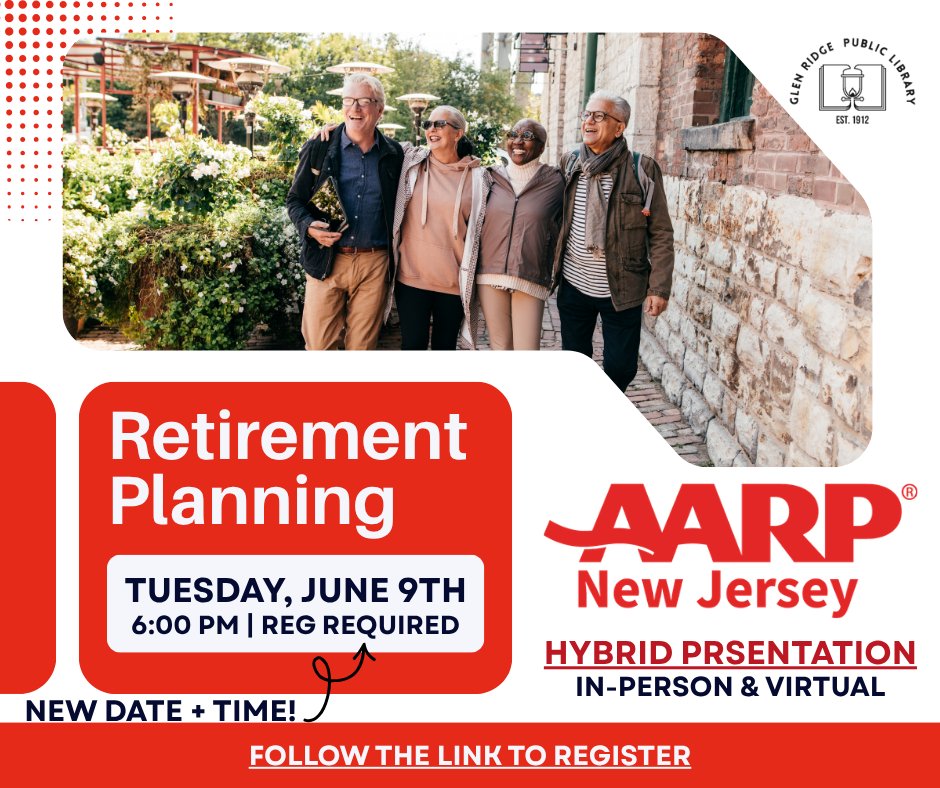 GRLibrary's tweet photo. Retirement planning doesn’t have to be daunting...

Join AARP Speaker, Kit McCarty, on Tuesday, June 9th at 6 PM to learn if you're on track to help you achieve retirement peace of mind!

Follow the link to register: https://t.co/lSbz2IwENZ https://t.co/LwtfvfF0lu