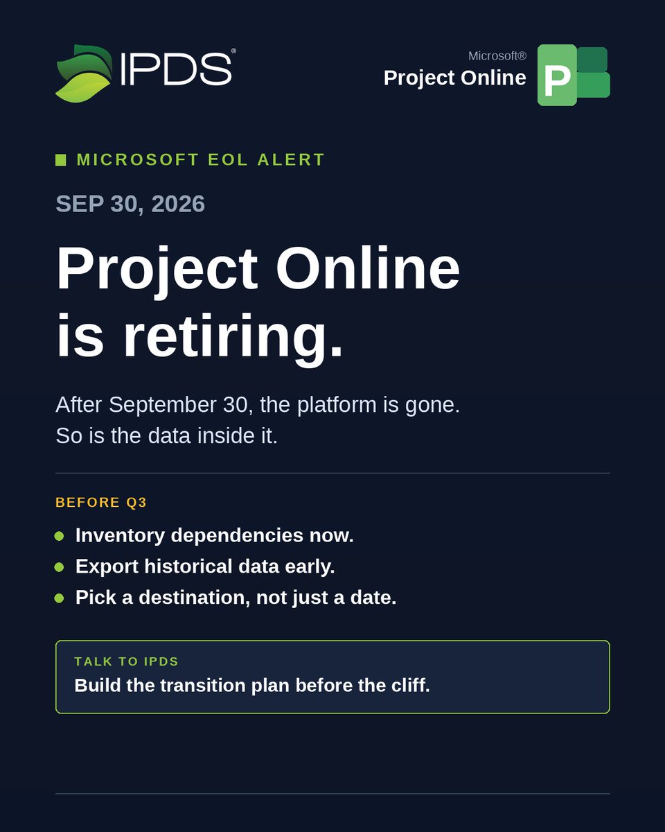 ipdatasystems's tweet photo. Microsoft is retiring Project Online on September 30, 2026. After that date, the platform is gone! If Project Online is in your environment and you do not yet have a transition plan, talk to us.
#Microsoft #ProjectManagement #ITLeadership https://t.co/QsKPkd7GCR