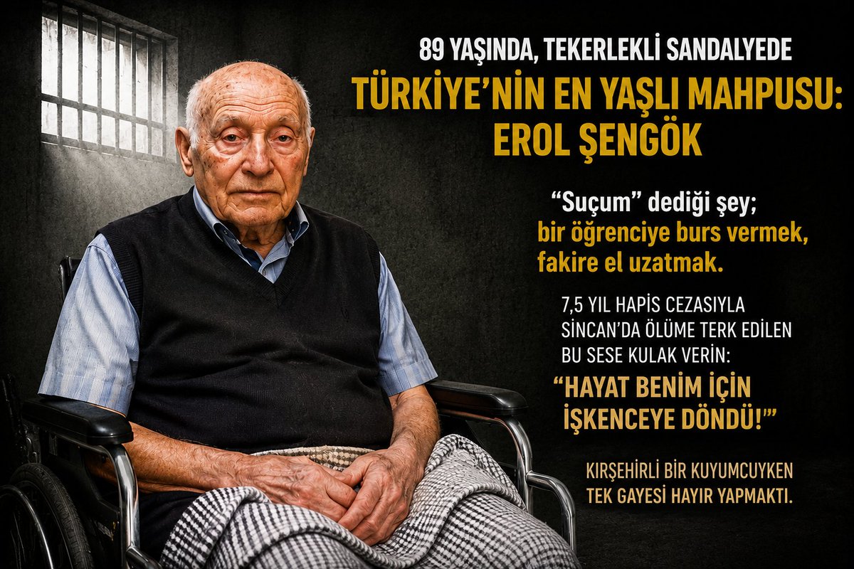 SincanCikBilgi_'s tweet photo. 89 yaşında, tekerlekli sandalyede ve Türkiye’nin en yaşlı mahpusu: Erol Şengök.

"Suçum" dediği şey; bir öğrenciye burs vermek, fakire el uzatmak. 7,5 yıl hapis cezasıyla Sincan’da ölüme terk edilen bu sese kulak verin: "Hayat benim için işkenceye döndü!" 📢  +++

#SonSözAİHMden https://t.co/lvJ5vXwIrX
